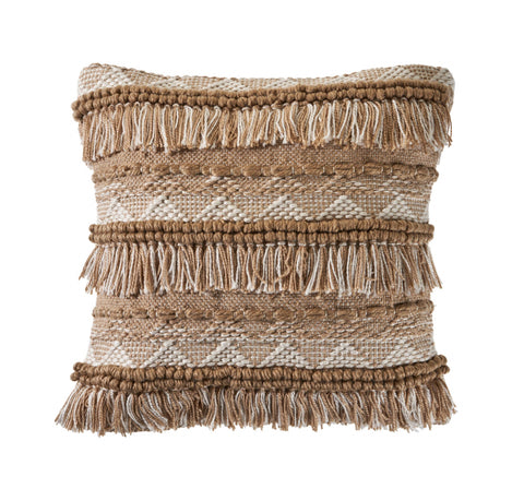 Neutral Geometric Fringe Indoor/Outdoor Throw Pillow